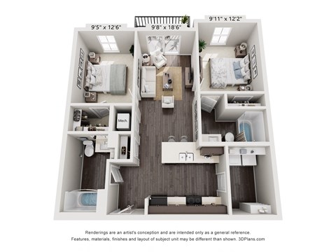 Floor plan for 2 beds, 2 baths, 913 sqft